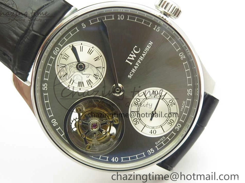 MIROTIME 0714 Popular Portuguese Flying Tourbillon SS Gray Dial 2 Sub Dials on Black Leather Strap 7159